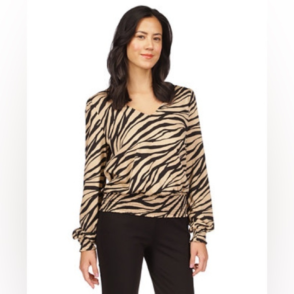 Michael Kors MK Women's Animal-Print Zebra Smocked Top Blouse Shirt Small S NWT